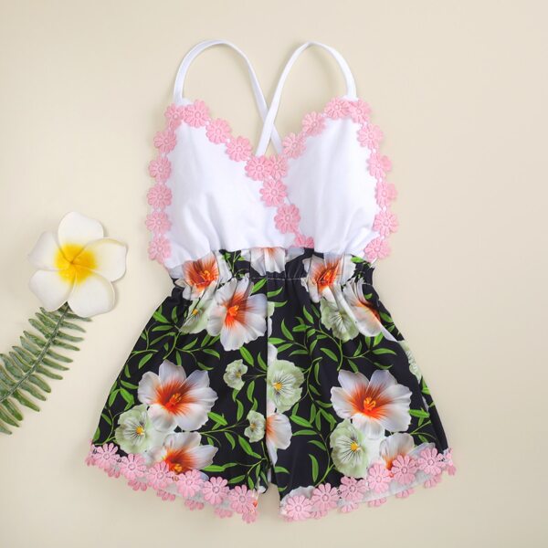 

Toddler Girls Floral Lace Trim Cami Romper, Multicolor