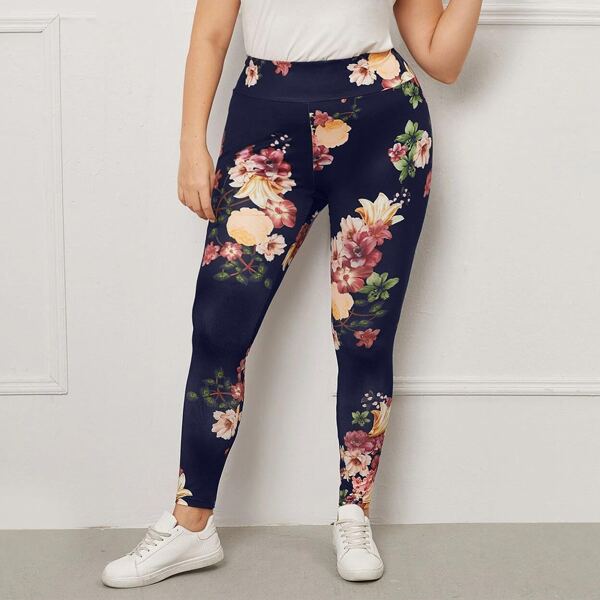 

Plus Floral Print High Waist Leggings, Navy blue