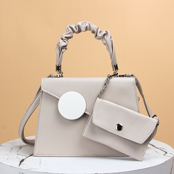 

Metal Lock Satchel Bag With Purse, Beige