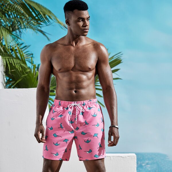 

Men Allover Print Drawstring Waist Swim Trunks, Pink