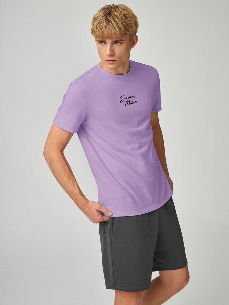 Manfinity Men Slogan Graphic Tee & Slant Pocket Shorts Set - Lilac Purple - View 3