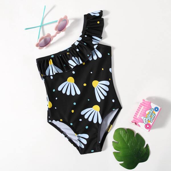 

Baby Girl Random Floral Ruffle One Piece Swimsuit, Black