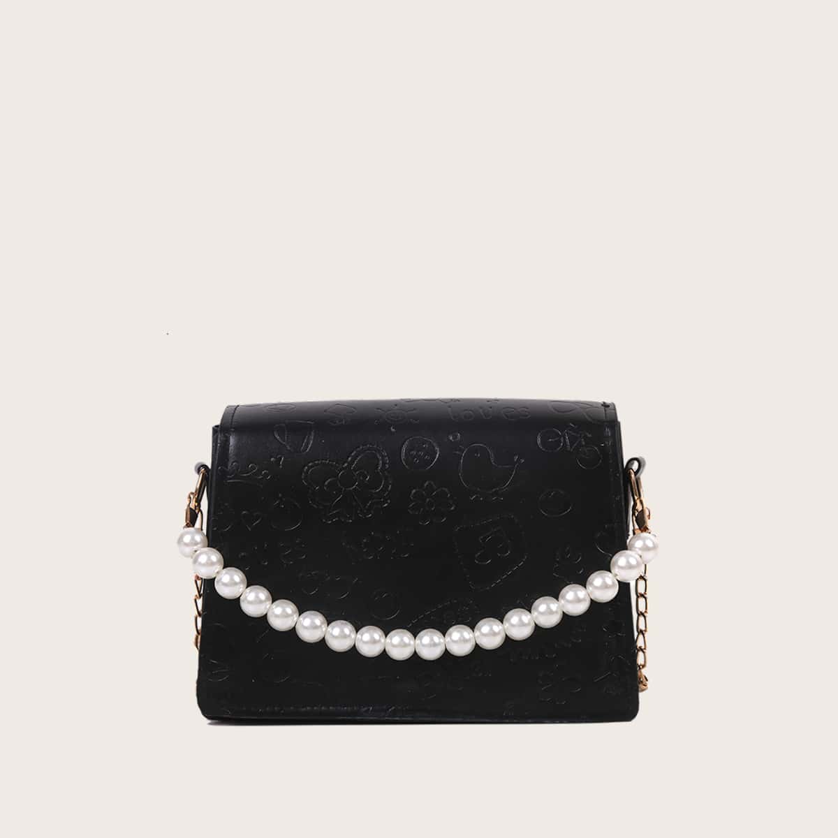

Cartoon Embossed Faux Pearl Satchel Bag, Black