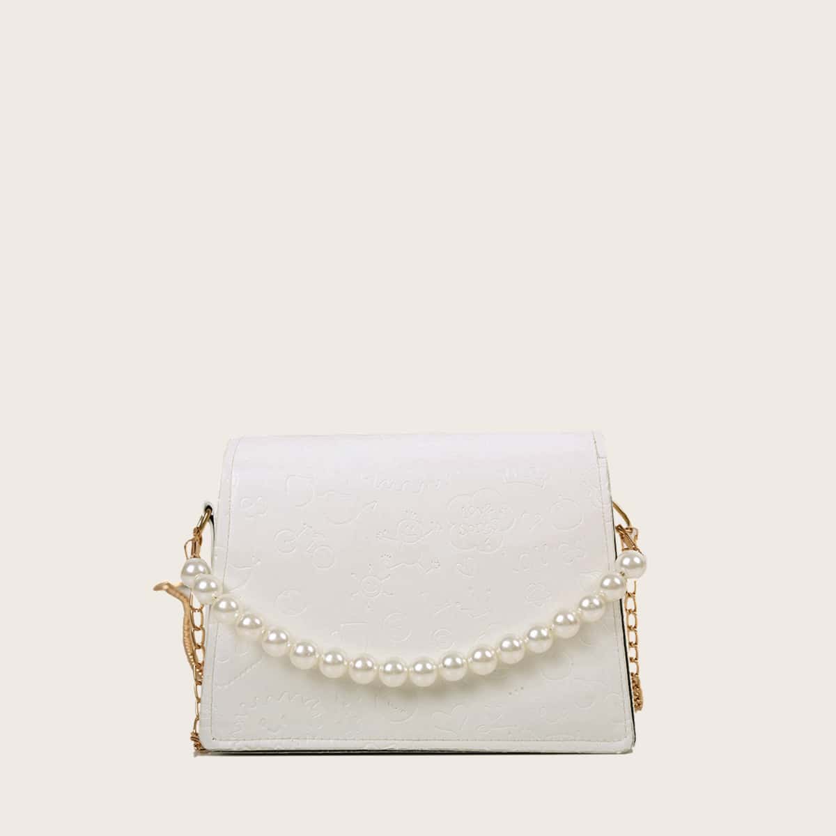 

Cartoon Embossed Faux Pearl Satchel Bag, White