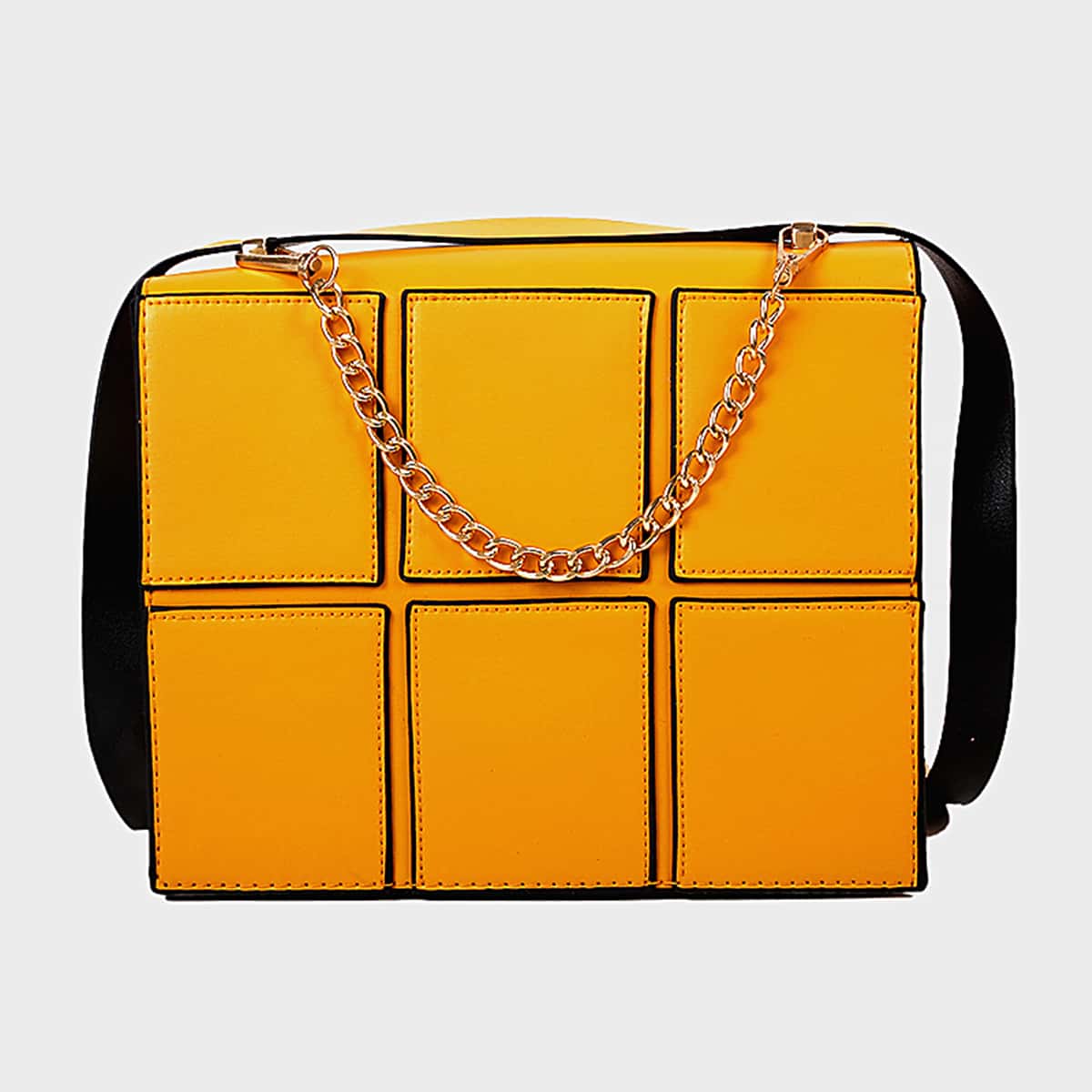 

Solid Patched Satchel Bag, Yellow