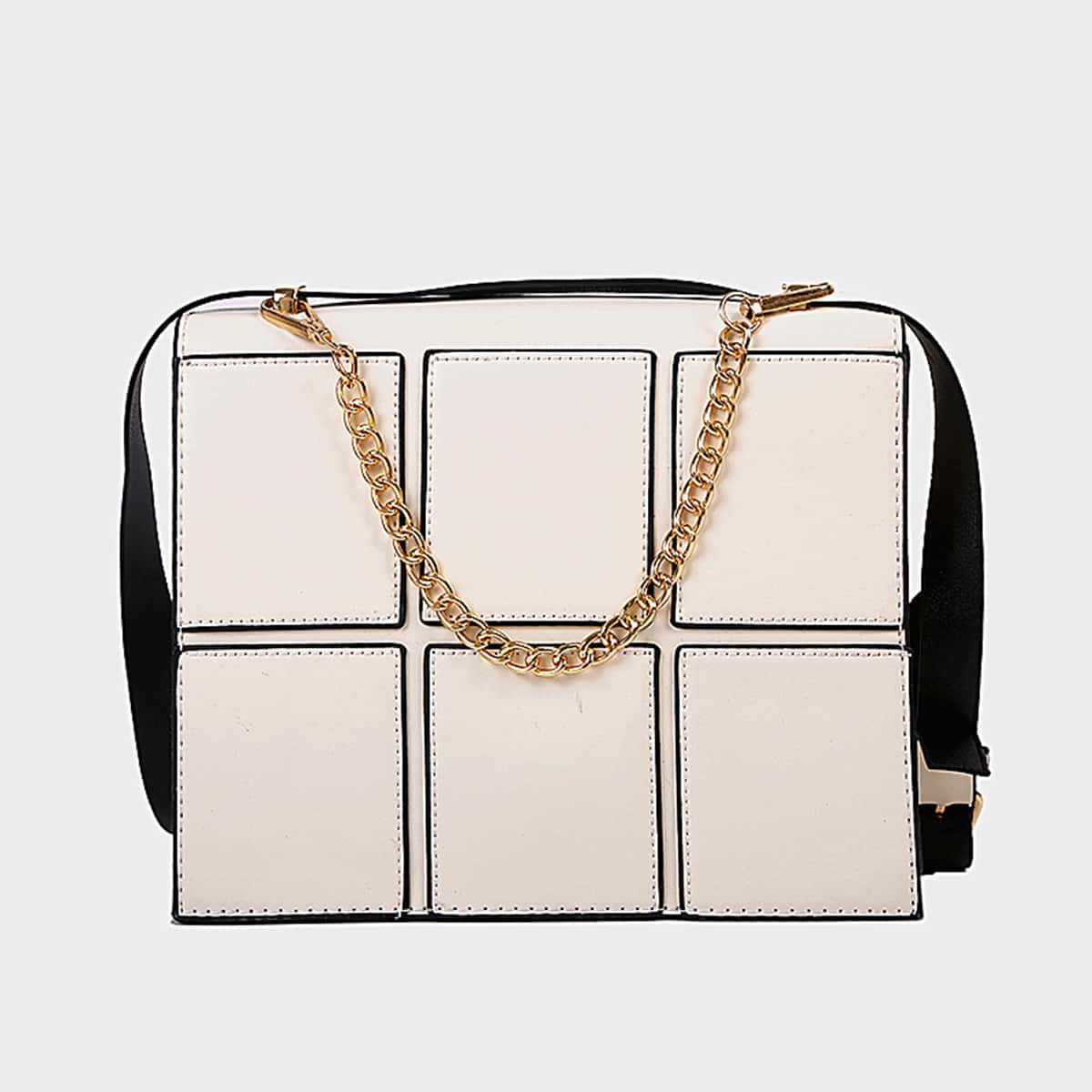 

Solid Patched Satchel Bag, White