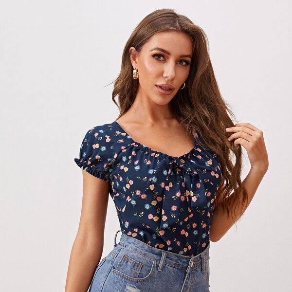 

Tie Front Floral Print Top, Navy blue
