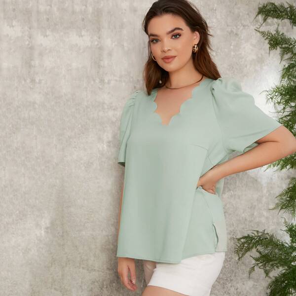 

Plus Scallop Trim Puff Sleeve Top, Mint green