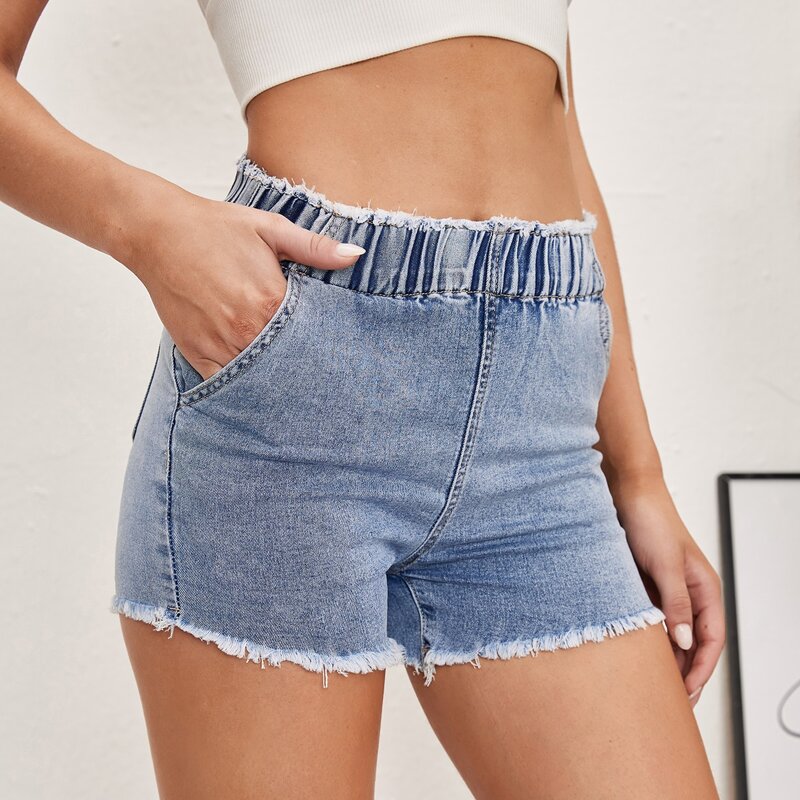 

Elastic Waist Raw Hem Denim Shorts, Light wash
