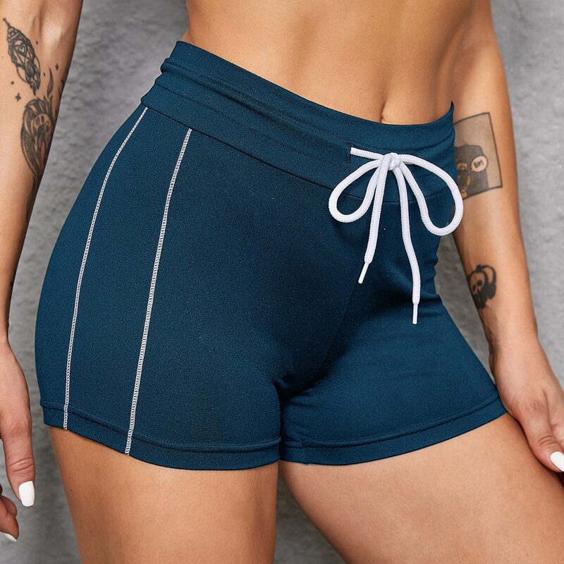 

Topstitching Drawstring Waist Sports Shorts, Teal blue