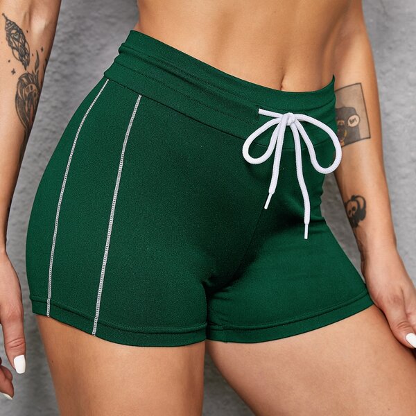 

Topstitching Drawstring Waist Sports Shorts, Dark green