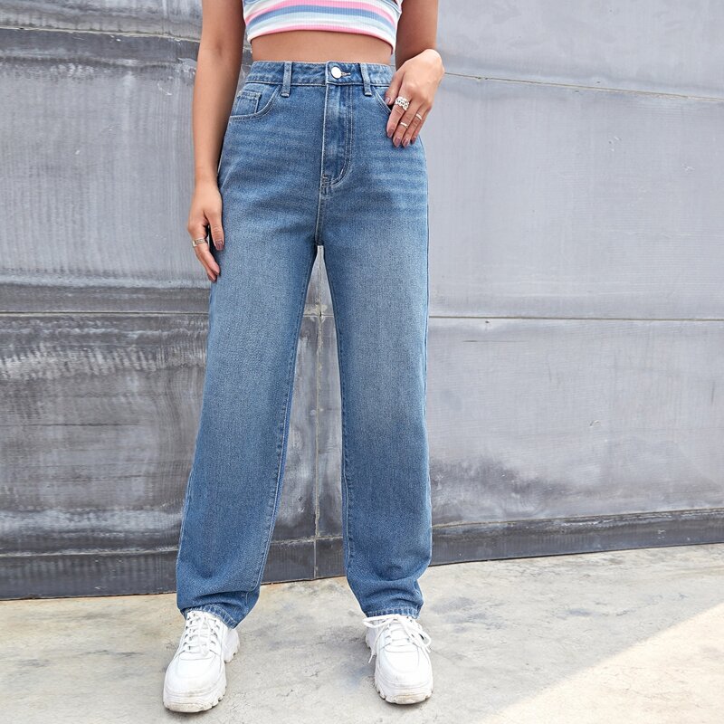 

High-Waisted Straight Leg Jeans, Medium wash