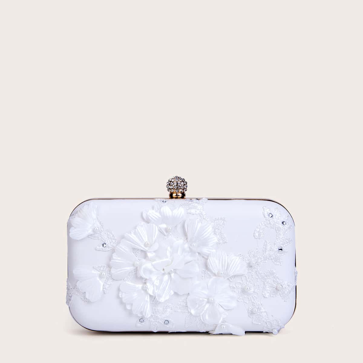 

Flower Appliques Box Bag, White