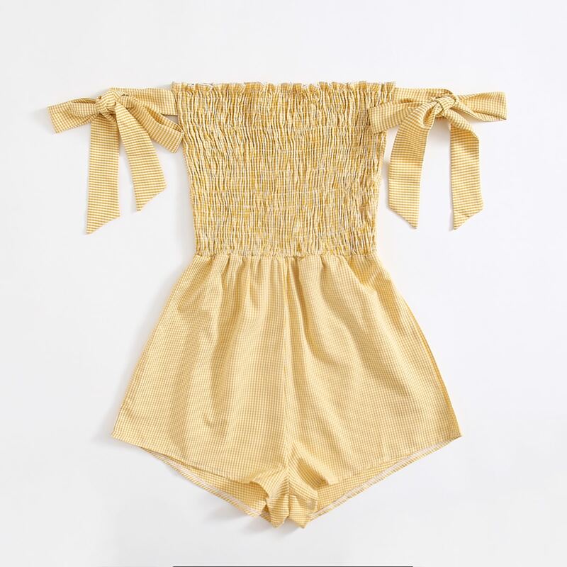 

Gingham Shirred Knot Romper, Yellow