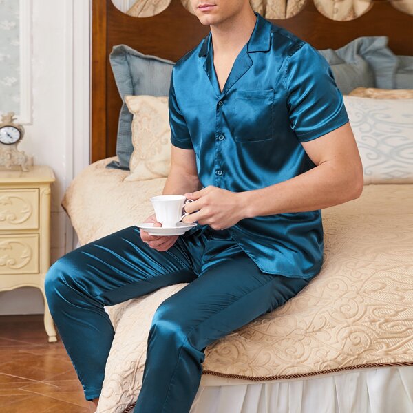 

Men 1PC Notched Collar Pocket Front Shirt & Pants PJ Set, Teal blue