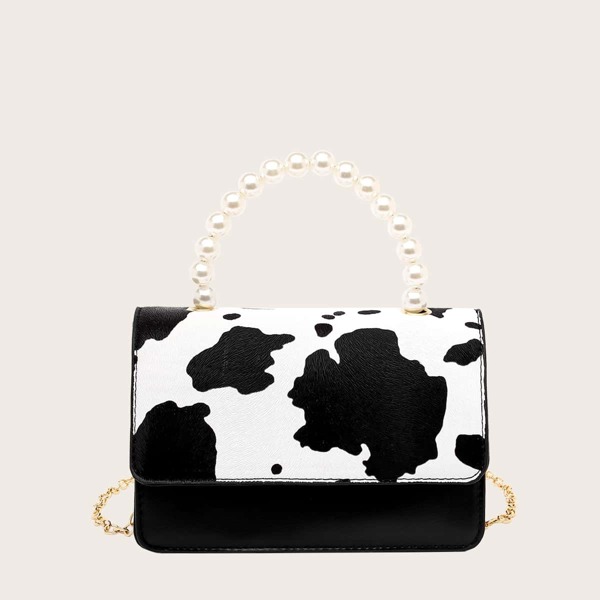 

Faux Pearl Handle Cow Print Satchel Bag, Black and white