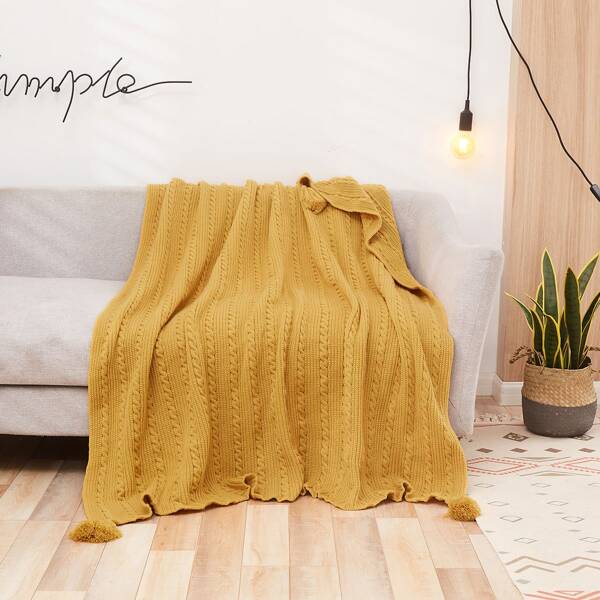 

Plain Tassel Decor Knitted Throw, Yellow