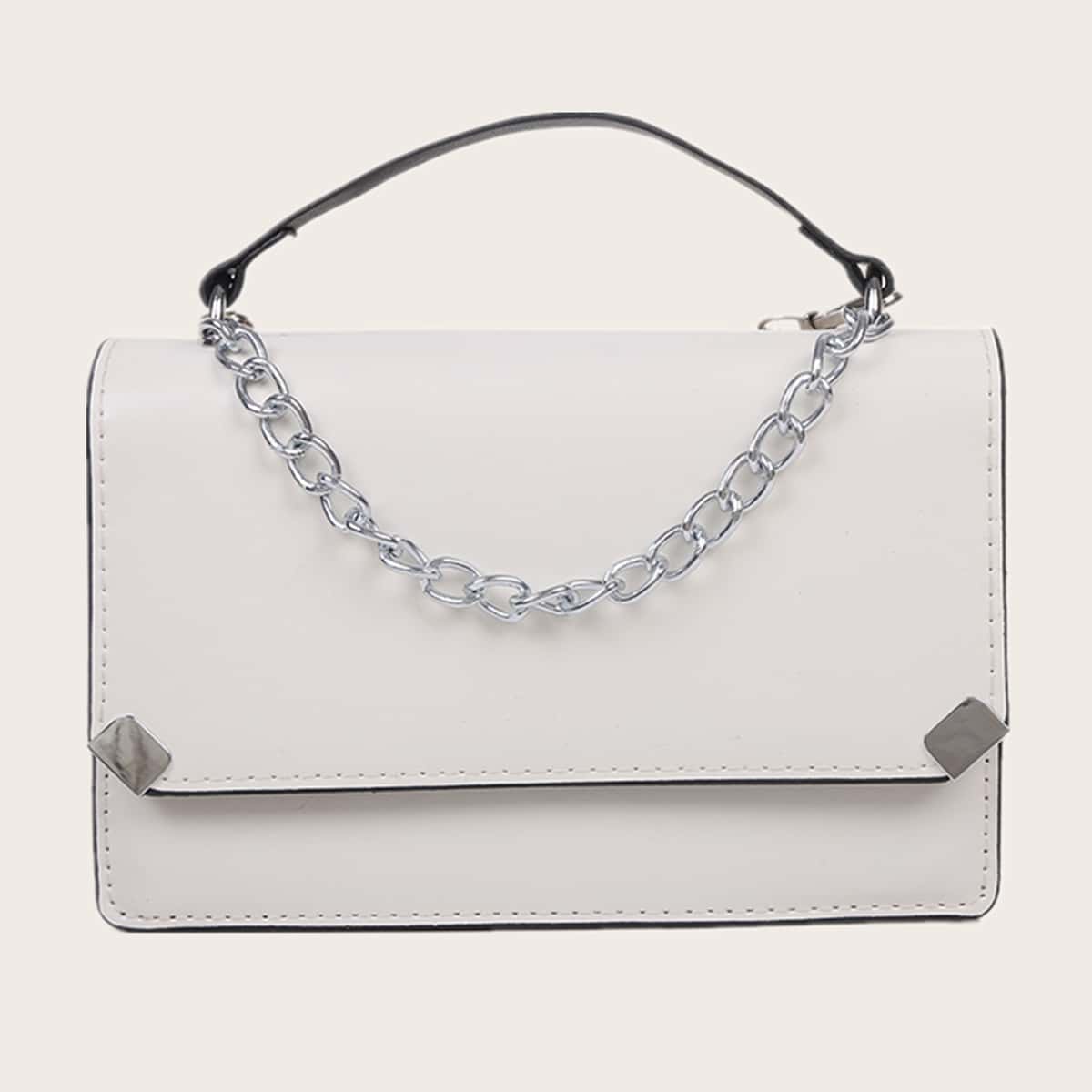 

Solid Chain Satchel Bag, White