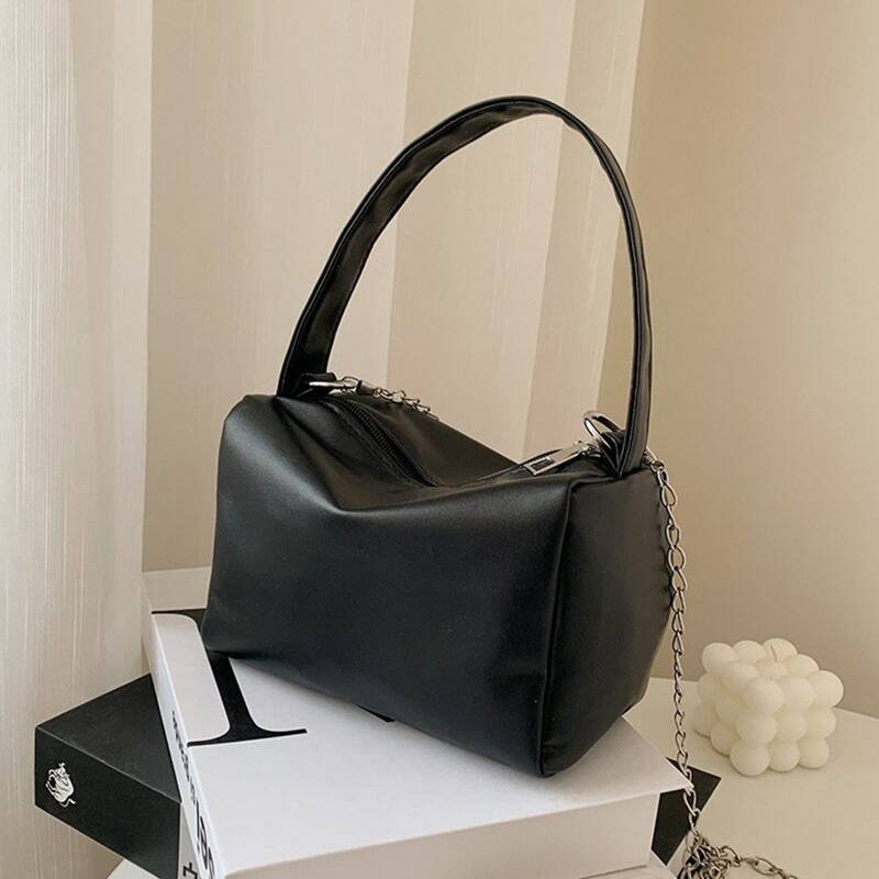 

Solid Chain Satchel Bag, Black