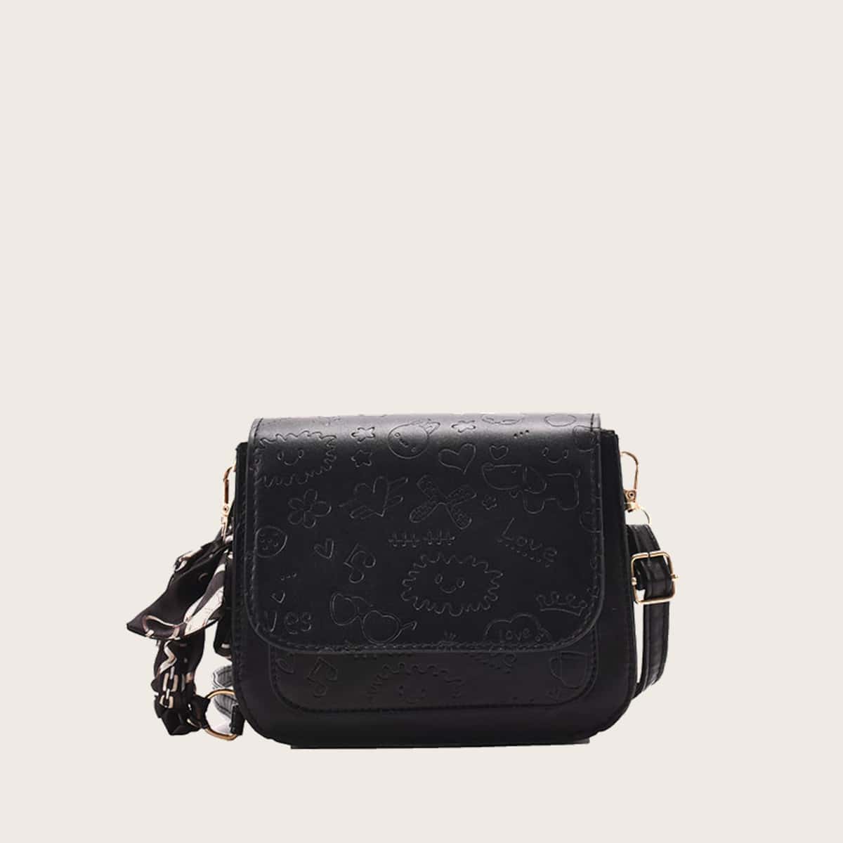 

Cartoon Embossed Crossbody Bag, Black
