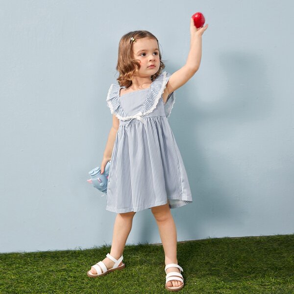 

Toddler Girls Striped Lace Trim Dress, Blue and white