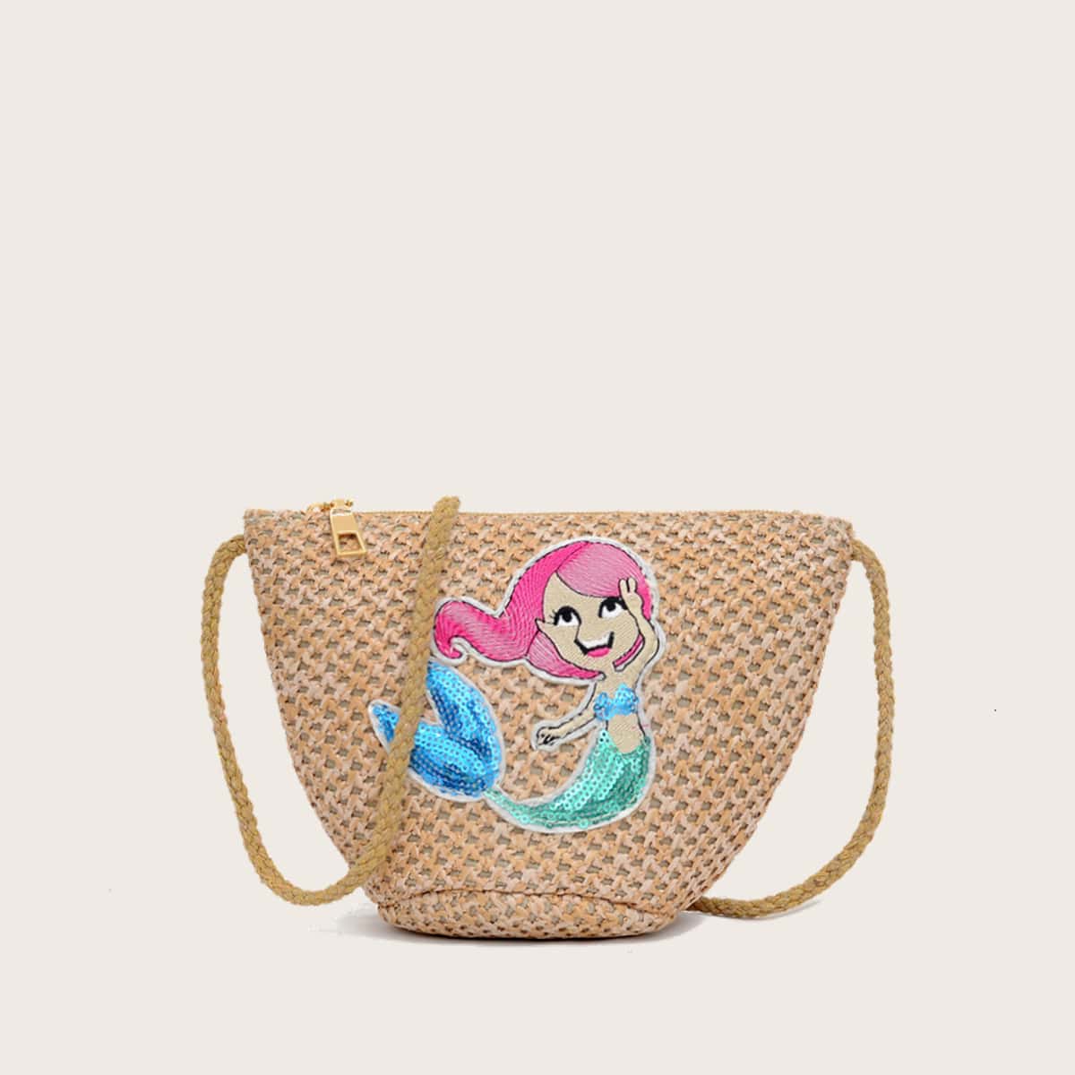 

Sequin Mermaid Straw Crossbody Bag, Khaki
