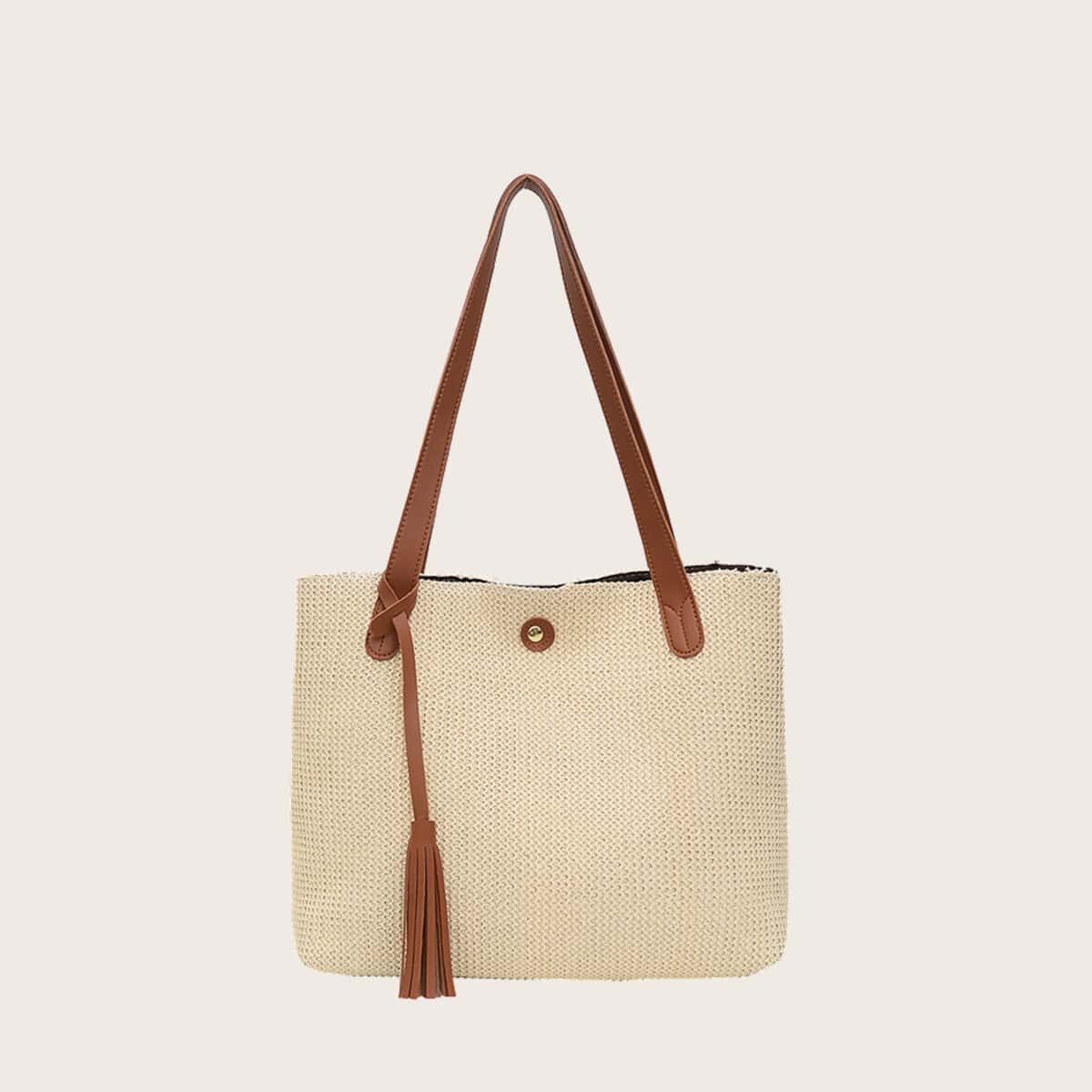 

Solid Tassel Tote Bag, Brown