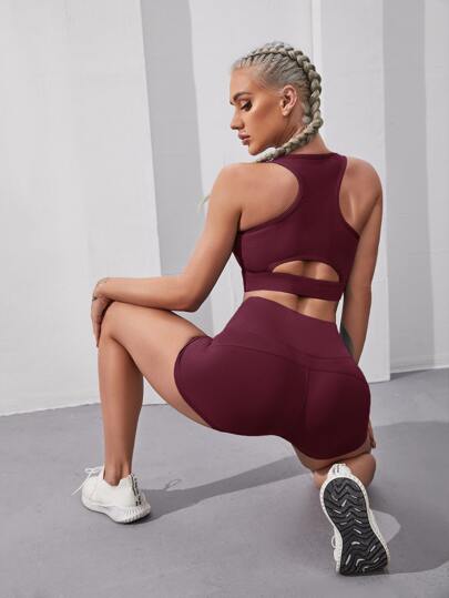 Solid Cut Out Back Sports Bra & Biker Shorts