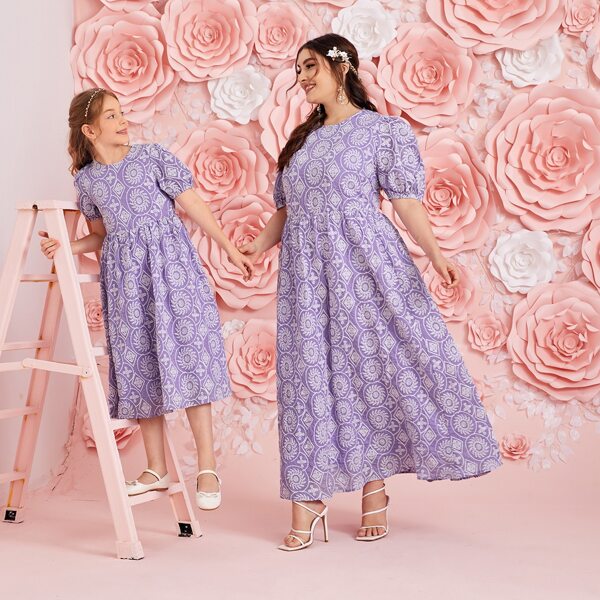 

Plus 1 Pack Puff Sleeve Plants Embroidered Dress, Purple