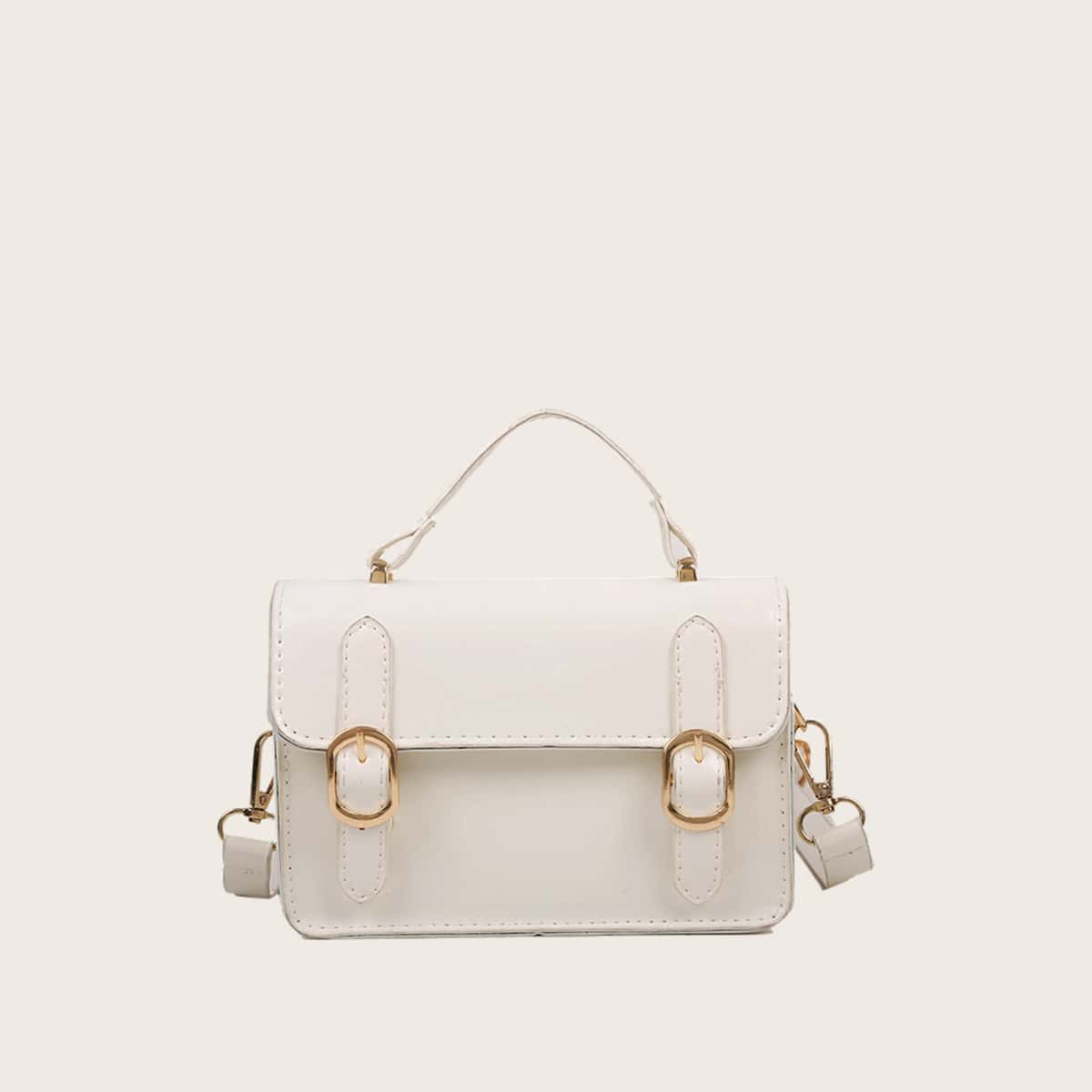 

Solid Double Buckle Satchel Bag, White