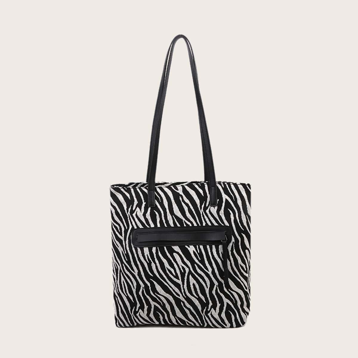 

Zebra Striped Canvas Tote Bag, Black