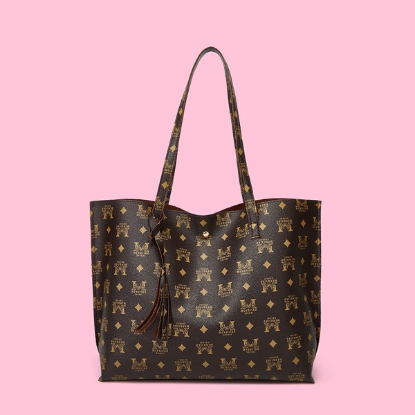 

Tassel Decor Letter Graphic Tote Bag, Coffee brown