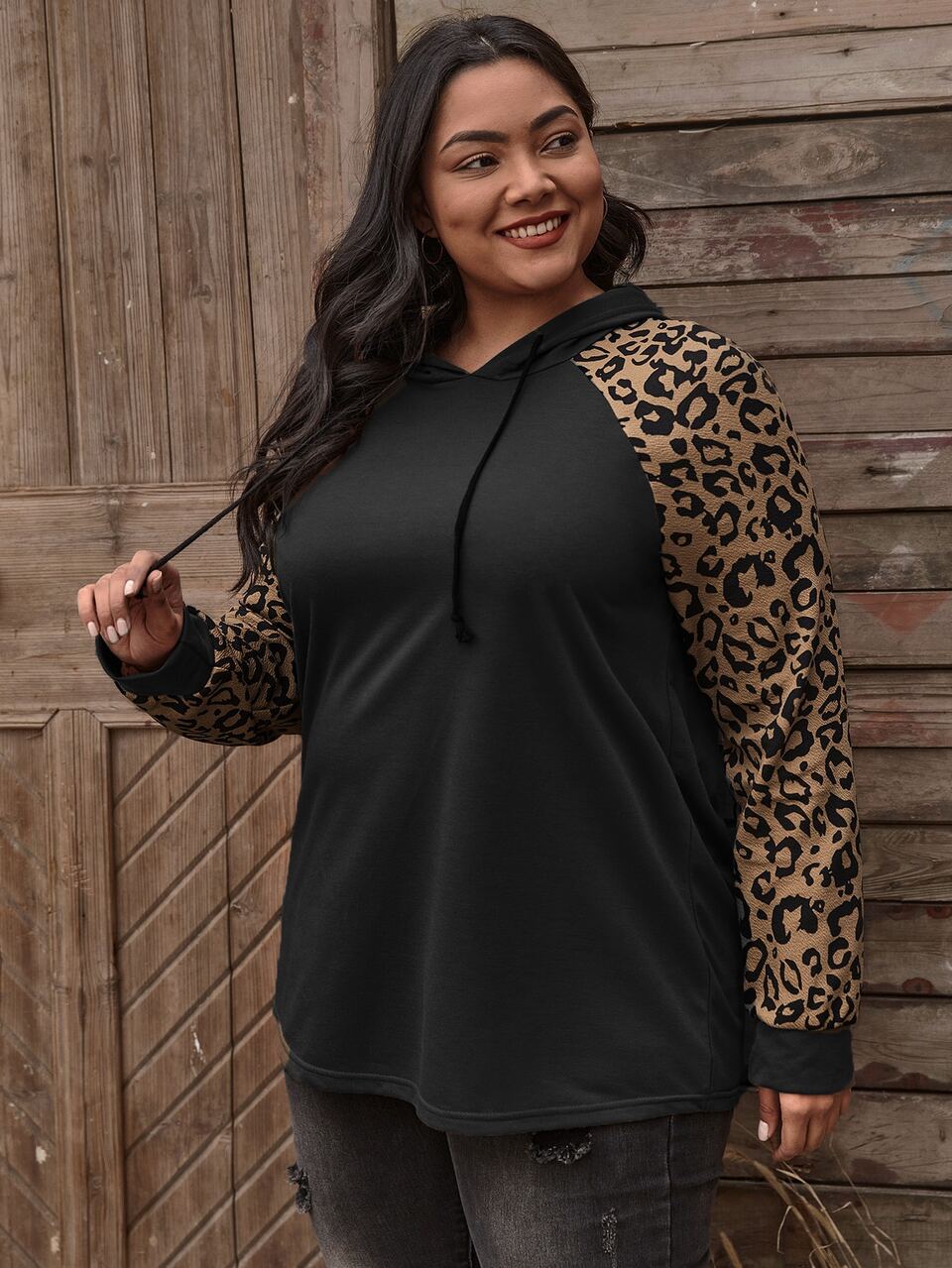 Plus Size Leopard Print Drawstring Sweatshirt For Women,Black Smart Casual Everyday Outfits,Autumn Fall Winter Teacher Graduation Back To School
