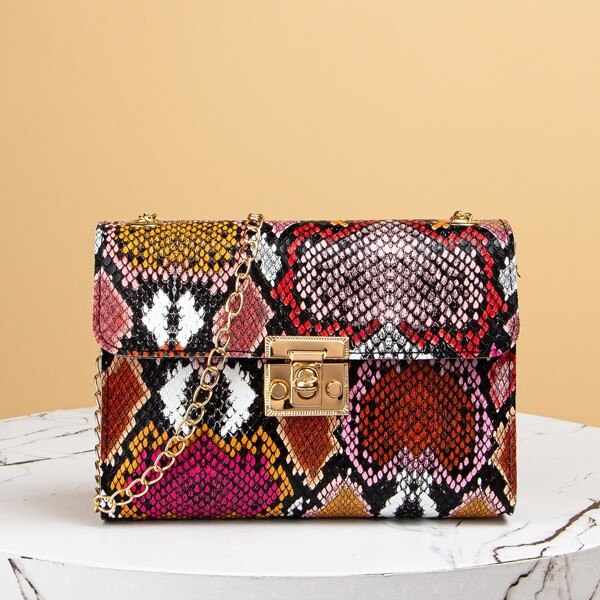 

Snakeskin Print Chain Crossbody Bag, Red