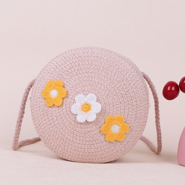 

Girls Floral Decor Straw Bag, Pink