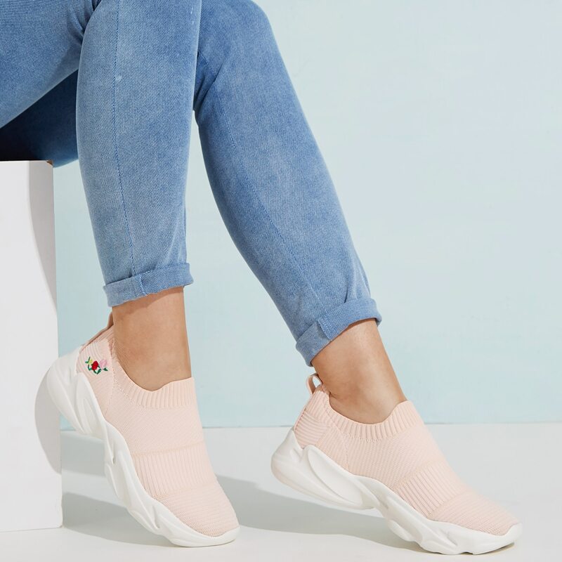 

Floral Embroidered Slip On Sneakers, Baby pink