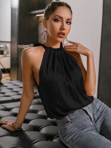 Glamaker Top liso de satén con cuello redondo - Negro - Ver 4