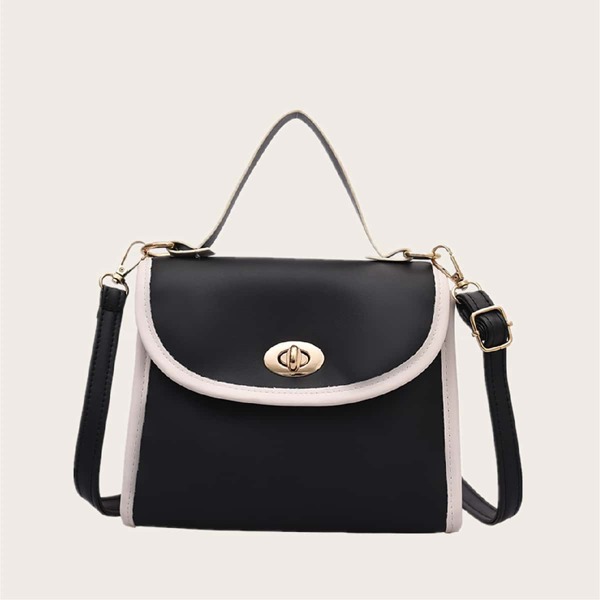 

Turn-lock Contrast Binding Satchel Bag, Black and white