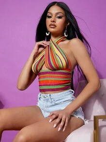 SHEIN X Hannah G Crisscross Open Back Rainbow Striped Halter Top - Multicolor - View 1