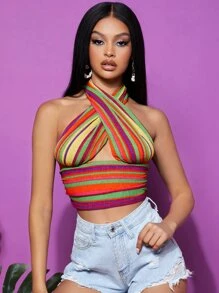 SHEIN X Hannah G Crisscross Open Back Rainbow Striped Halter Top - Multicolor - View 4