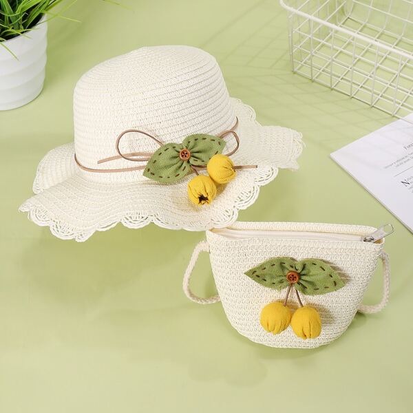 

Girls Cherry Decor Straw Bag With Hat, Beige