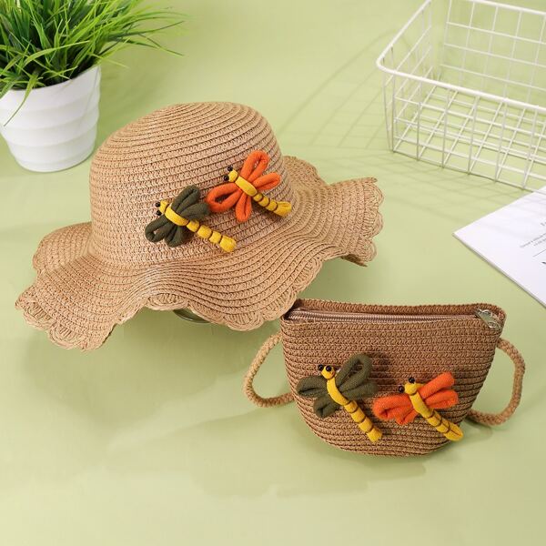 

Girls Dragonfly Decor Straw Bag With Hat, Brown