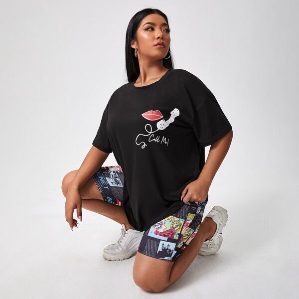 

Plus Drop Shoulder Slogan Graphic Tee, Black