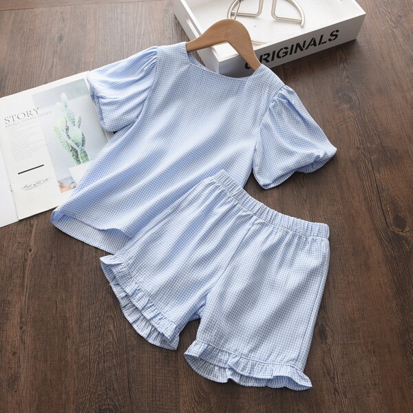 

Toddler Girls Gingham Puff Sleeve Top & Ruffle Hem Shorts, Baby blue