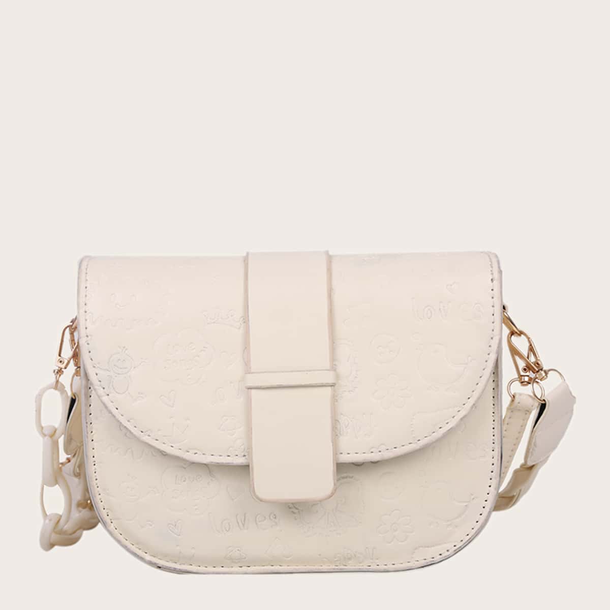 

Cartoon Embossed Flap Shoulder Bag, Beige