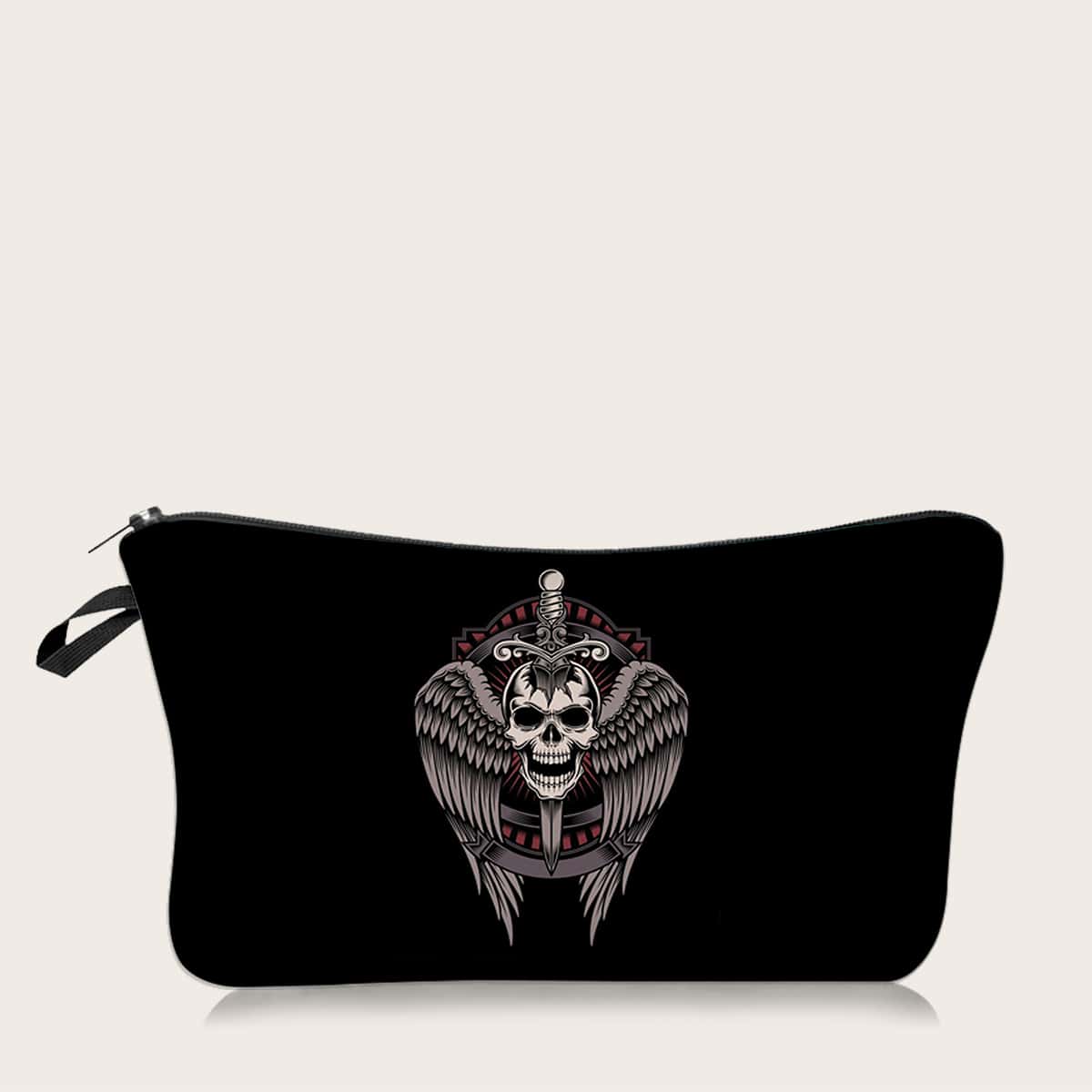

Skull Pattern Zipper Makeup Bag, Black