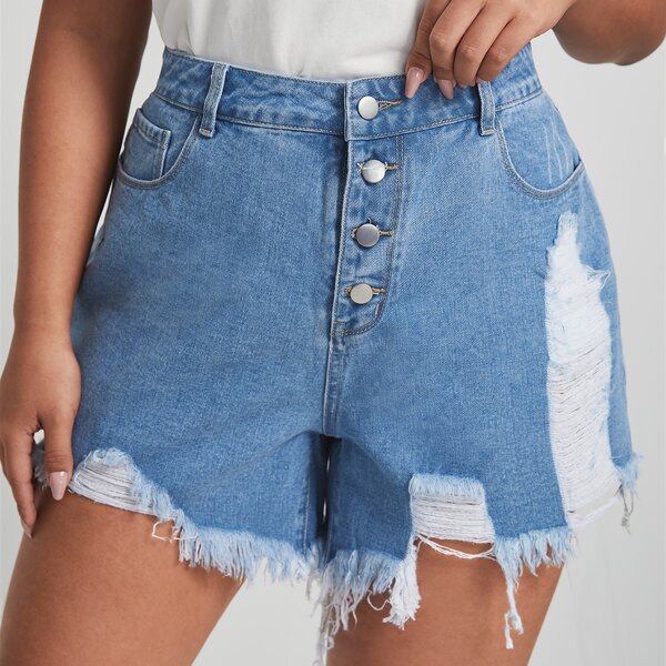 

Plus Button Fly Ripped Raw Hem Denim Shorts, Light wash
