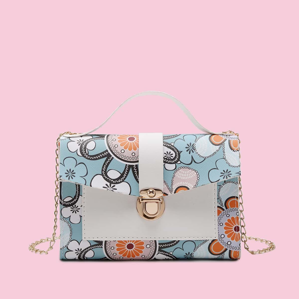 

Floral Graphic Push Lock Satchel Bag, Multicolor