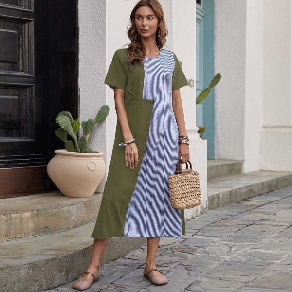 

Striped Spliced Button Front Tunic Dress, Multicolor