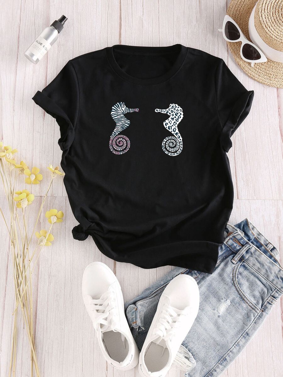 Sea Horse Print Short Sleeve Tee - Black - View 1